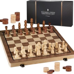 PLAYVIBE Wooden Chess Set- Chess Board with 2 Extra Queens – Chess and Checkers Set - Chess Sets for Family - Travel Chess Set – Classic Checkers Board Game